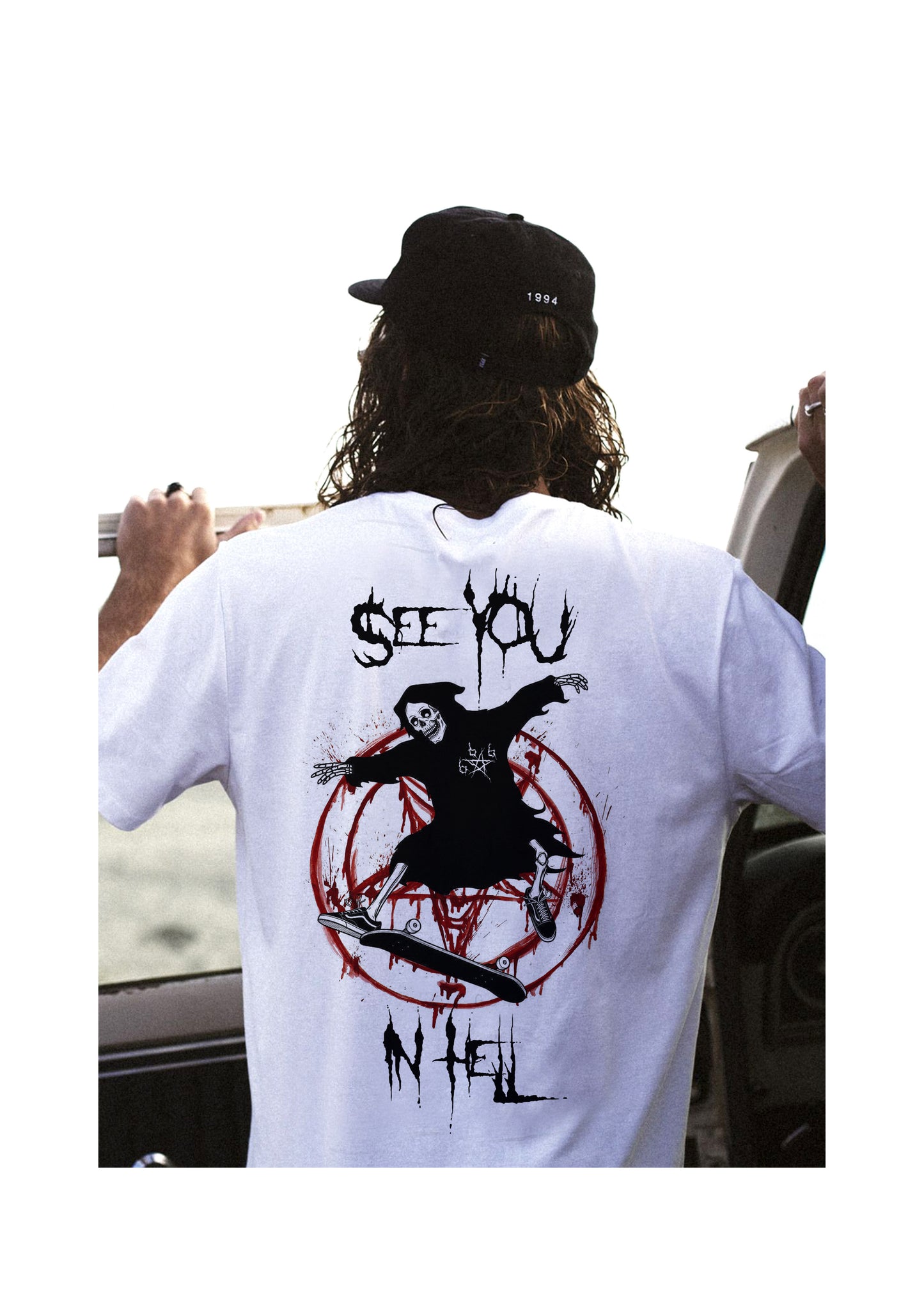 Skater Reaper Graphic T-Shirt – See You in Hell Gothic Streetwear, Punk, Emo, Grunge, Skeleton, Skull, Oversized Tee for Men & Women